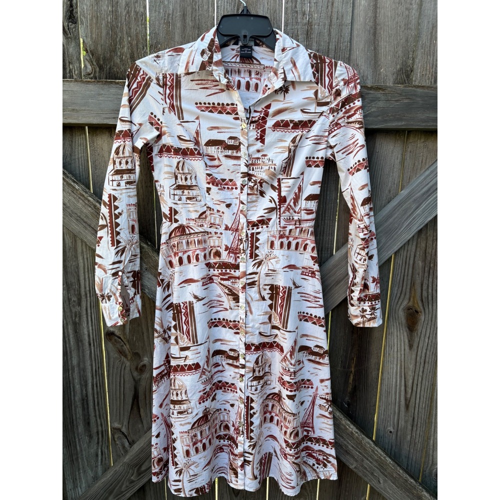 Moda International Cotton Shirt Dress Brown White Eiffel Tower Novelty Print 2